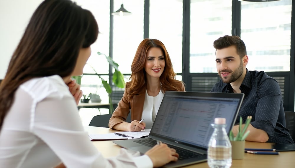 Atendente auxiliando cliente em processos burocráticos
